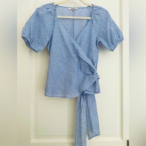 Madewell Lucy Wrap Top in Textured Gingham BLUE WHITE XXS